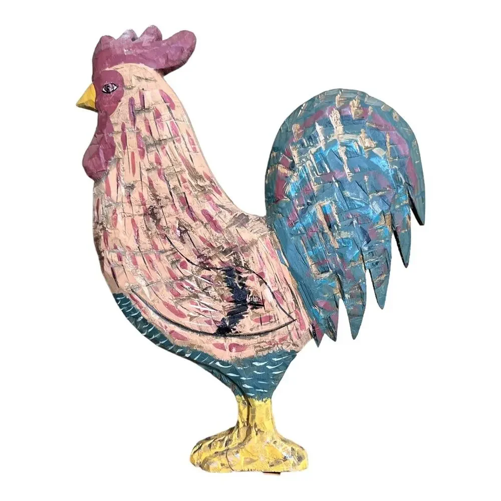Vtg Wood Farmhouse Country Rooster Decor Hand Carved 12” Tall 9” Long Distressed